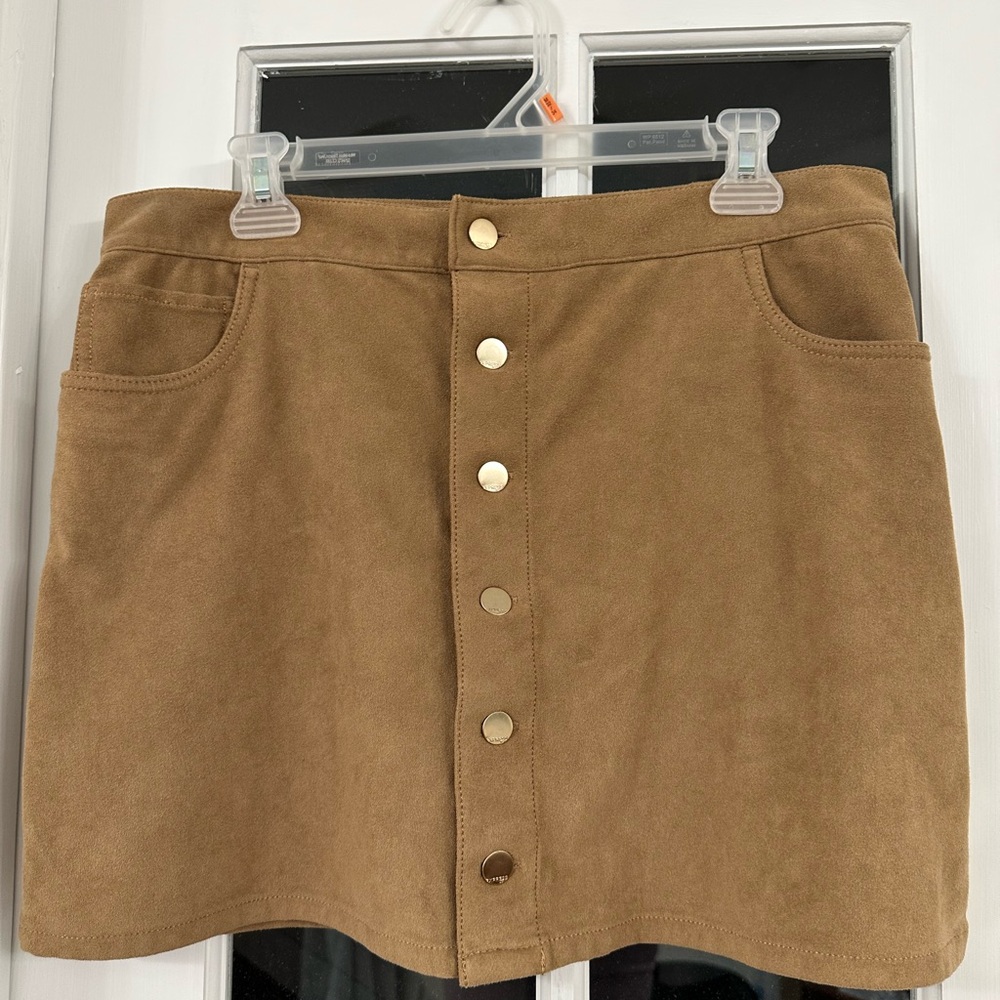 Tan Button-Front Faux Suede Mini Skirt (Size 12)